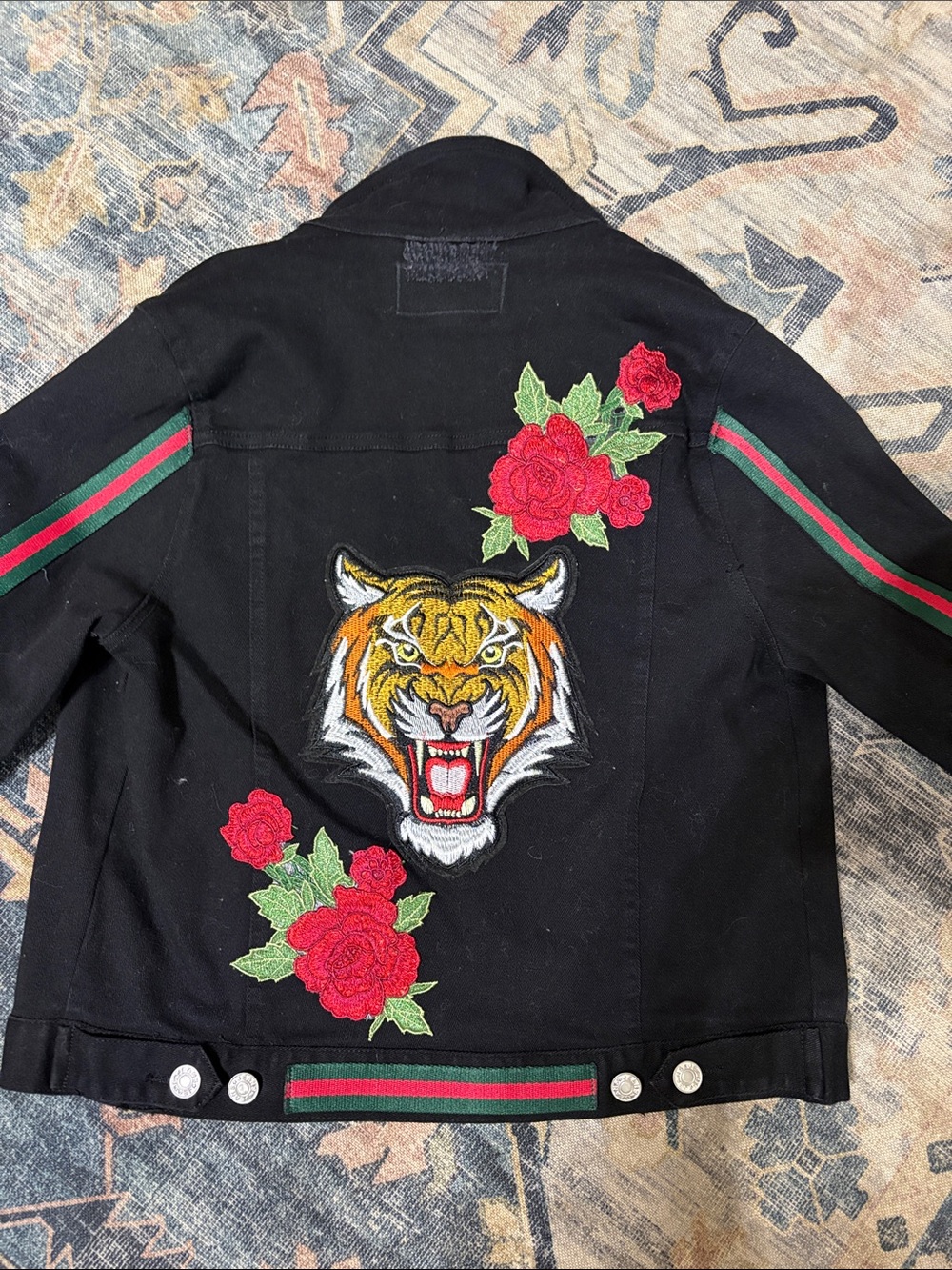 Women’s Black Denim Jacket with Rose Embroidery and Tiger Patch